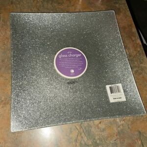 Glittery Purple/Pink and Silver Glass Chargers and Translucent Plates.